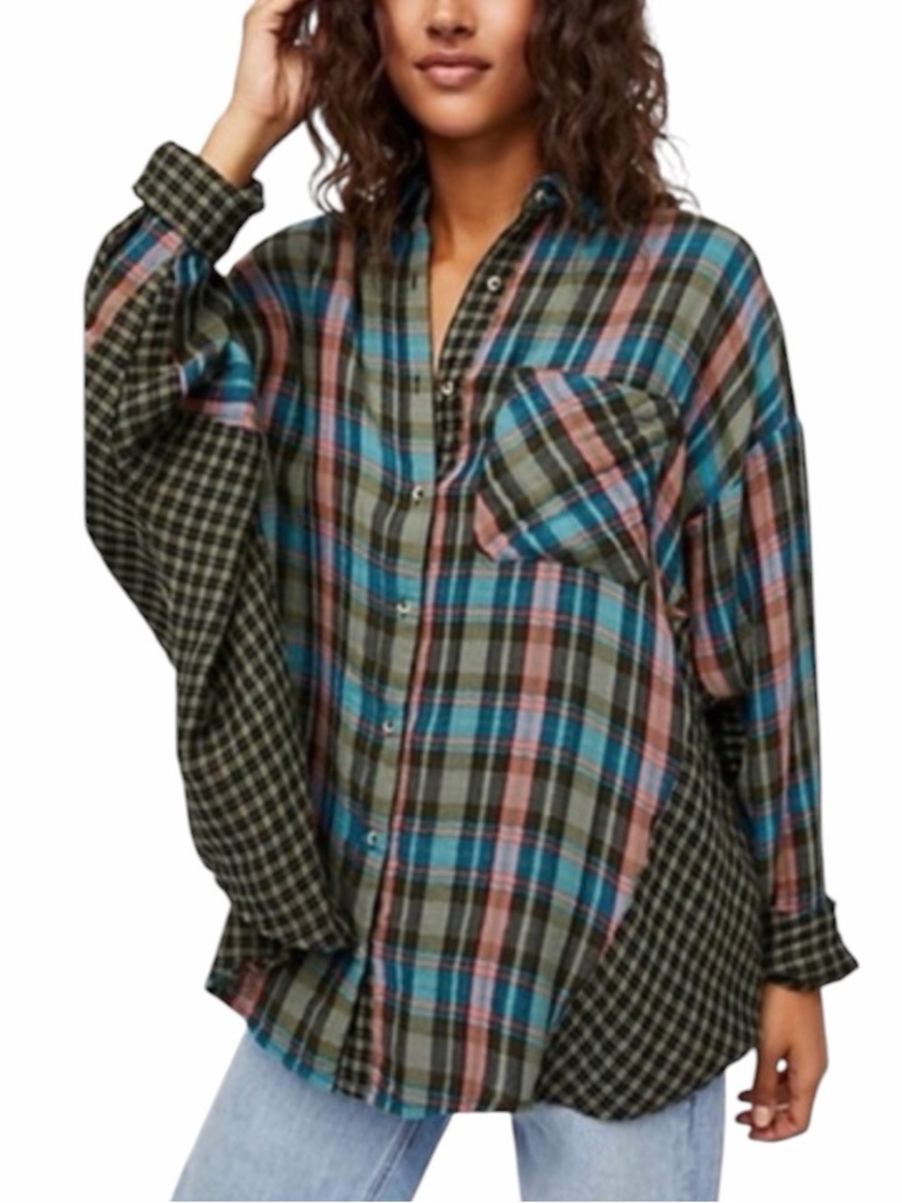 Free People Made in India Mixed Plaid Oversized Button-Up Shirt Small Boho
